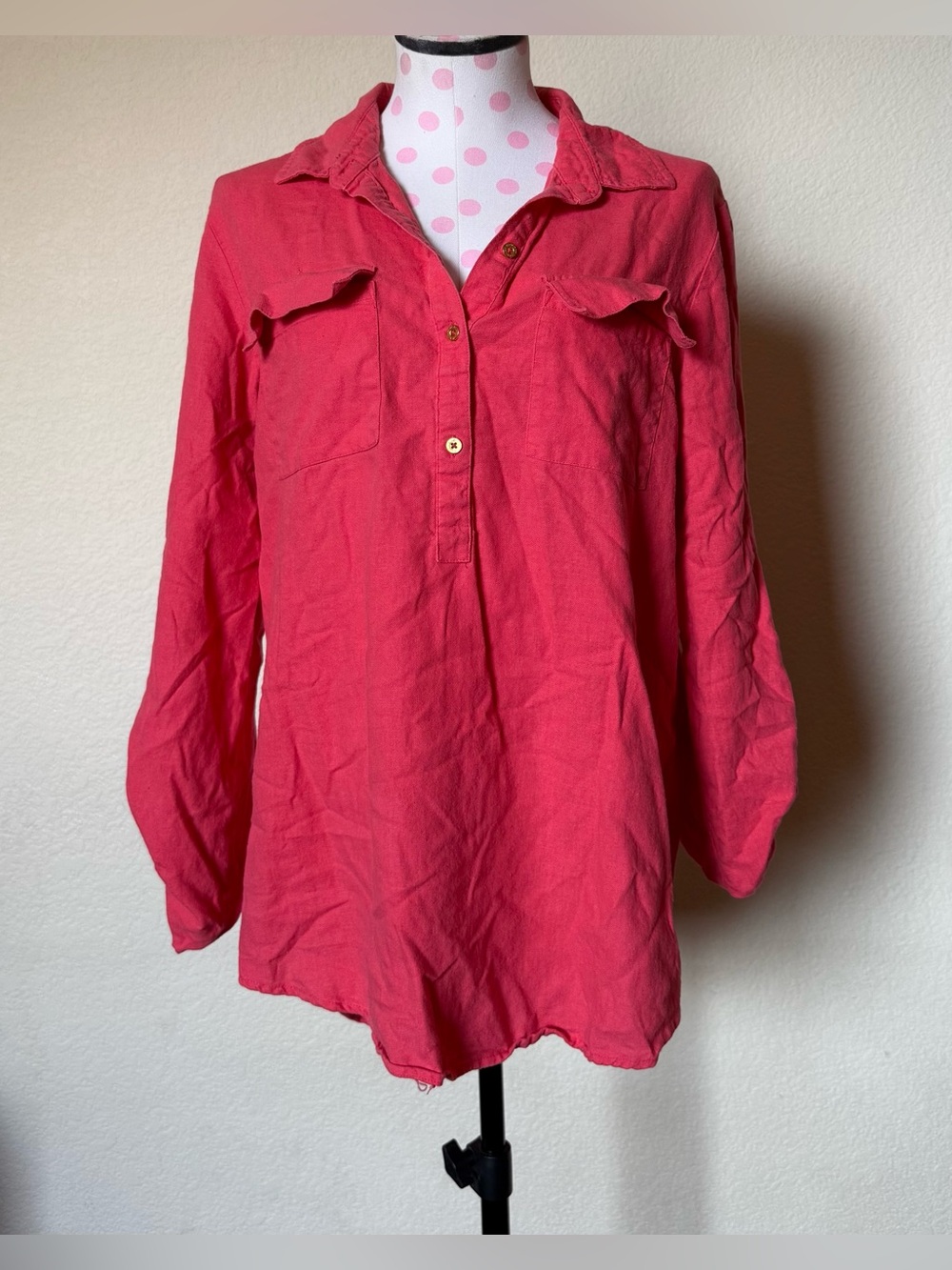 Coral-Pink Linen Blend Popover Blouse